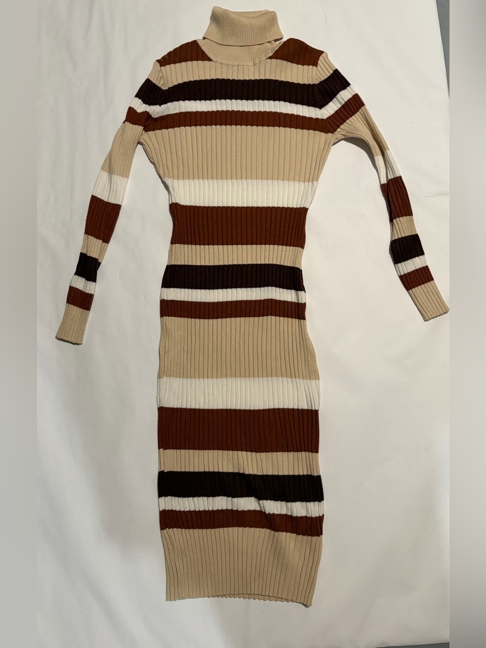 Almost Famous Striped Ribbed Turtleneck Midi Dress - Beige, Brown & White